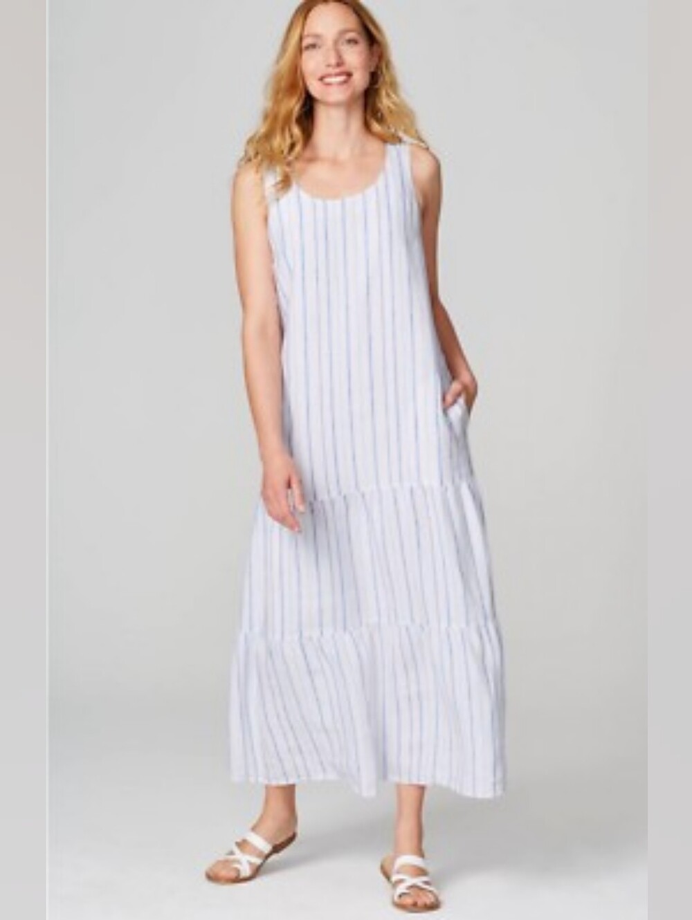 J. Jill Love Linen Sleeveless Tiered Maxi Dress Size Small White & Blue Stripes